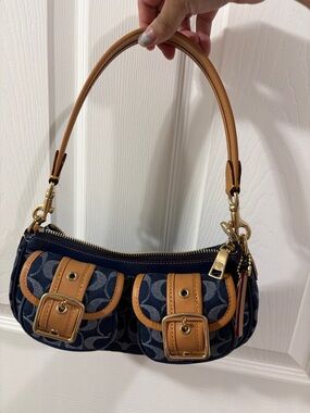Coach Navy Signature Shoulder Bag with Tan Leather Trim and Gold Hardware